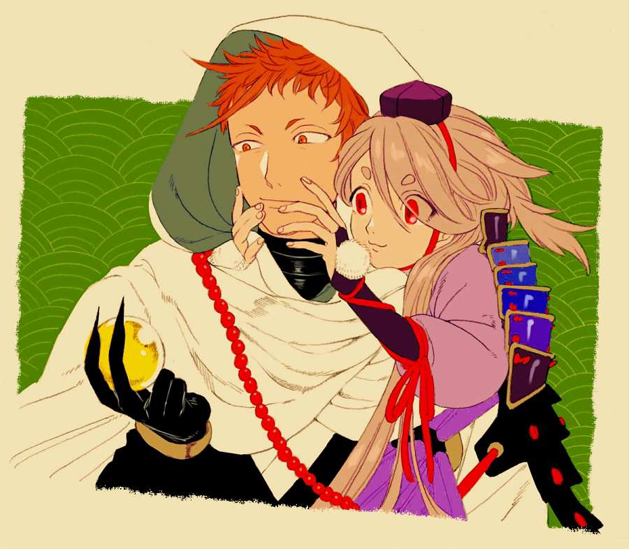 2boys, bridal_gauntlets, bu_(artist), hat, hood, ima-no-tsurugi, iwatooshi, japanese_clothes