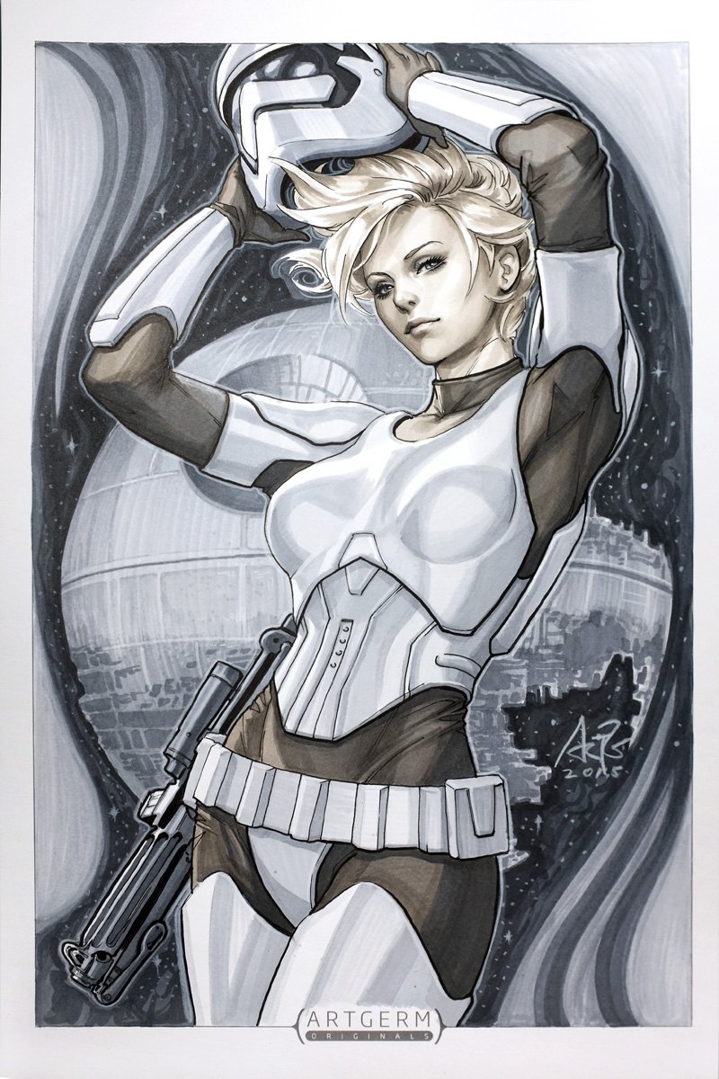 1girl, death_star, gun, headwear_removed, helmet, helmet_removed, highres, solo, stanley_lau, star_wars, stormtrooper, traditional_media, weapon