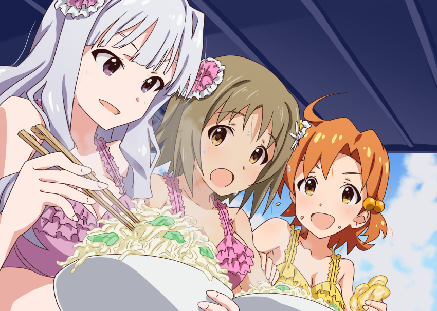 3girls, ahoge, bikini, breasts, brown_eyes, brown_hair, chopsticks, flower