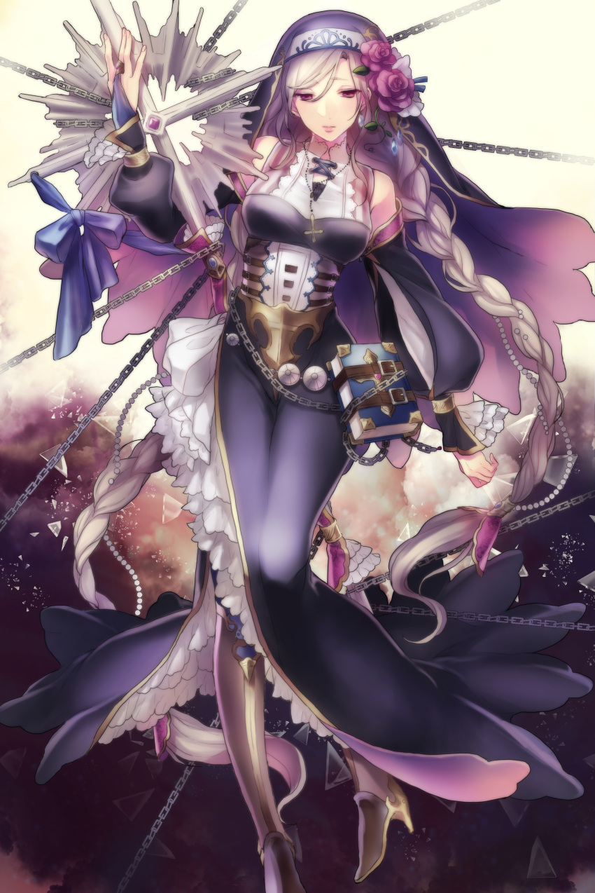 1girl, absurdres, artist_request, bare_shoulders, book, braid, bridal_gauntlets, chain