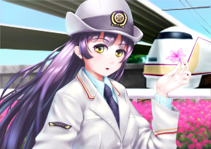 azalea_(flower), eyebrows_visible_through_hair, flower, hat, holding, holding_flower, kinugawa_ya, long_hair