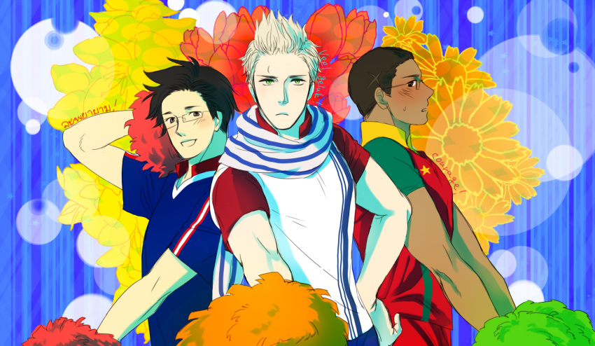 3boys, axis_powers_hetalia, black_hair, blonde_hair, blush, brown_eyes, cameroon_(hetalia), dark_skin