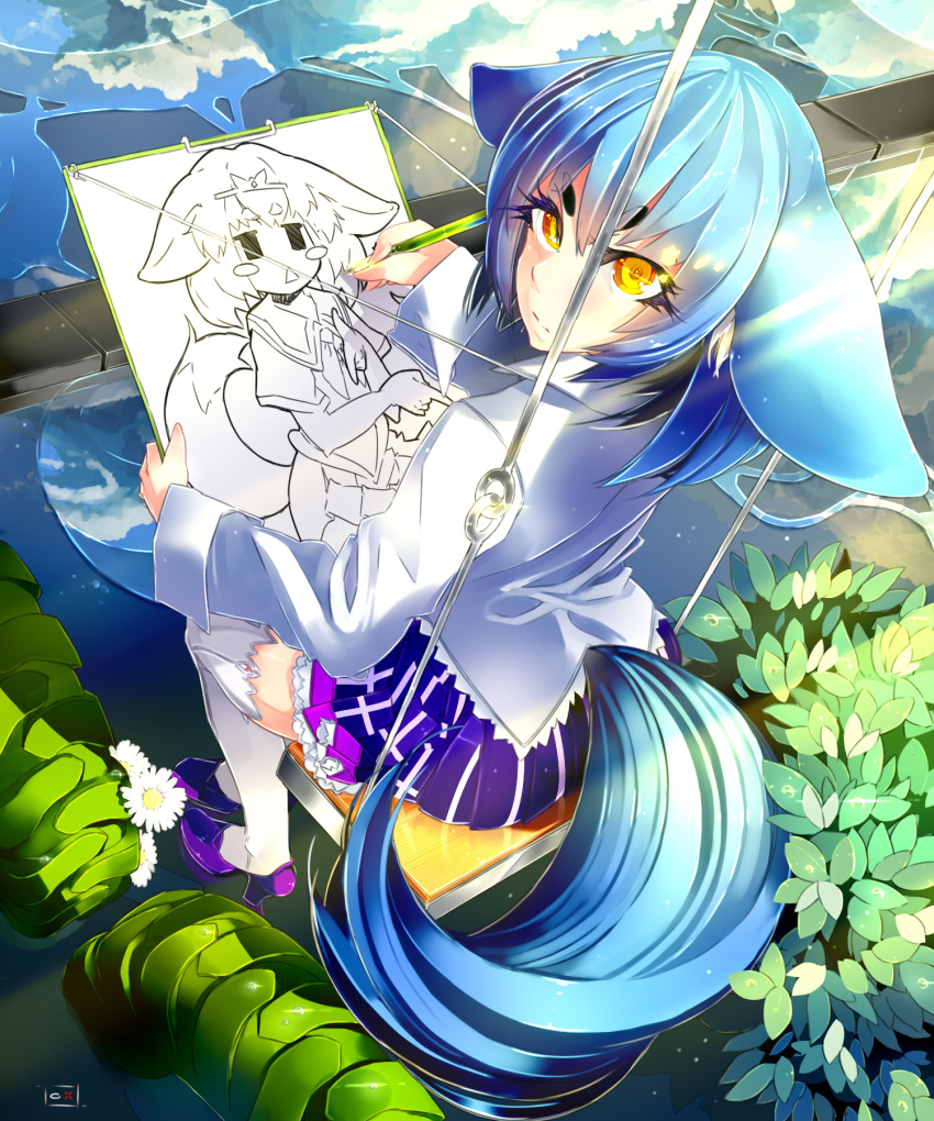 1girl, animal_ears, artist, blue_hair, highres, looking_at_viewer, original, oxykoma