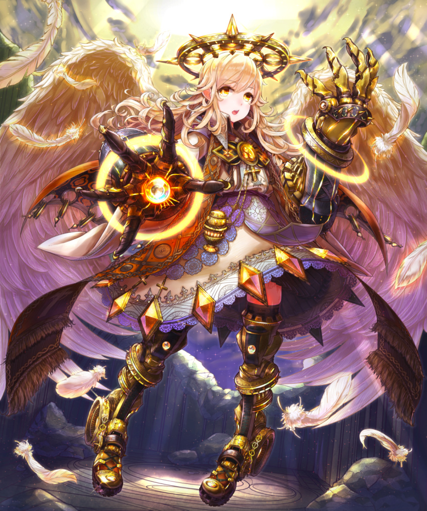 1girl, :o, angel, angel_wings, chain_chronicle, curly_hair, feathered_wings, feathers