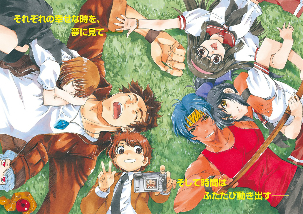 3boys, 4girls, black_hair, blue_hair, bokken, bow, brown_eyes, brown_hair