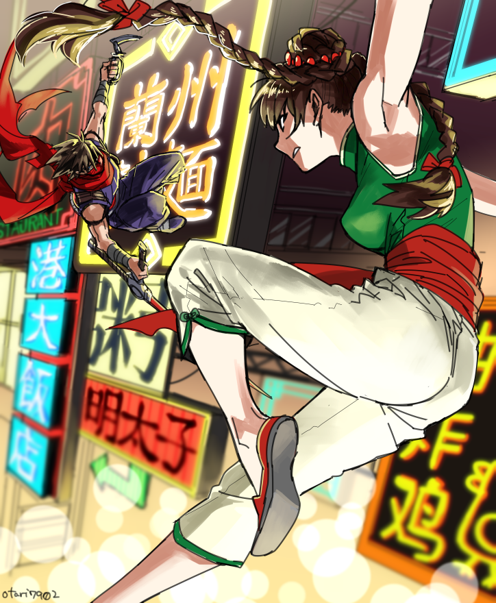 1boy, 1girl, braid, brown_hair, chinese_clothes, double_bun, indesign, long_hair