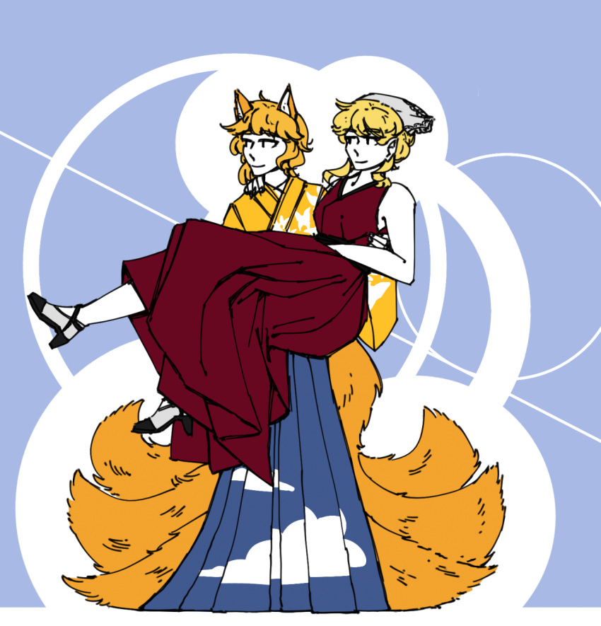 2girls, alternate_costume, alternate_headwear, animal_ears, black_shoes, blonde_hair, blue_background, breasts