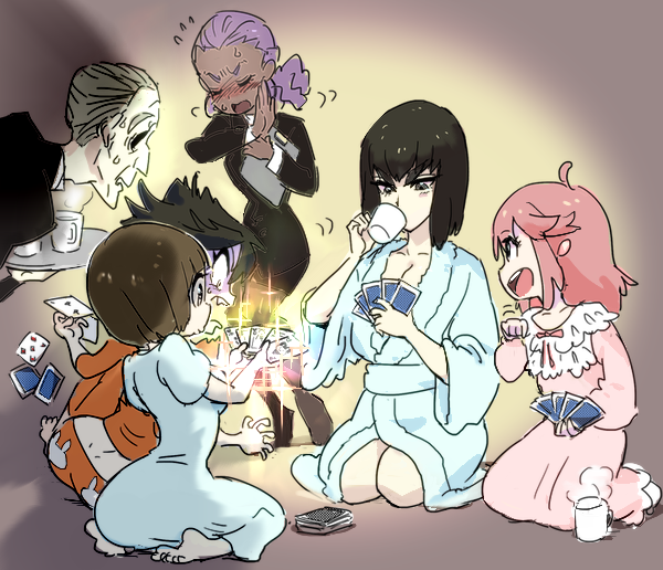1boy, 5girls, bathrobe, blush, card, cup, drinking, gyosone