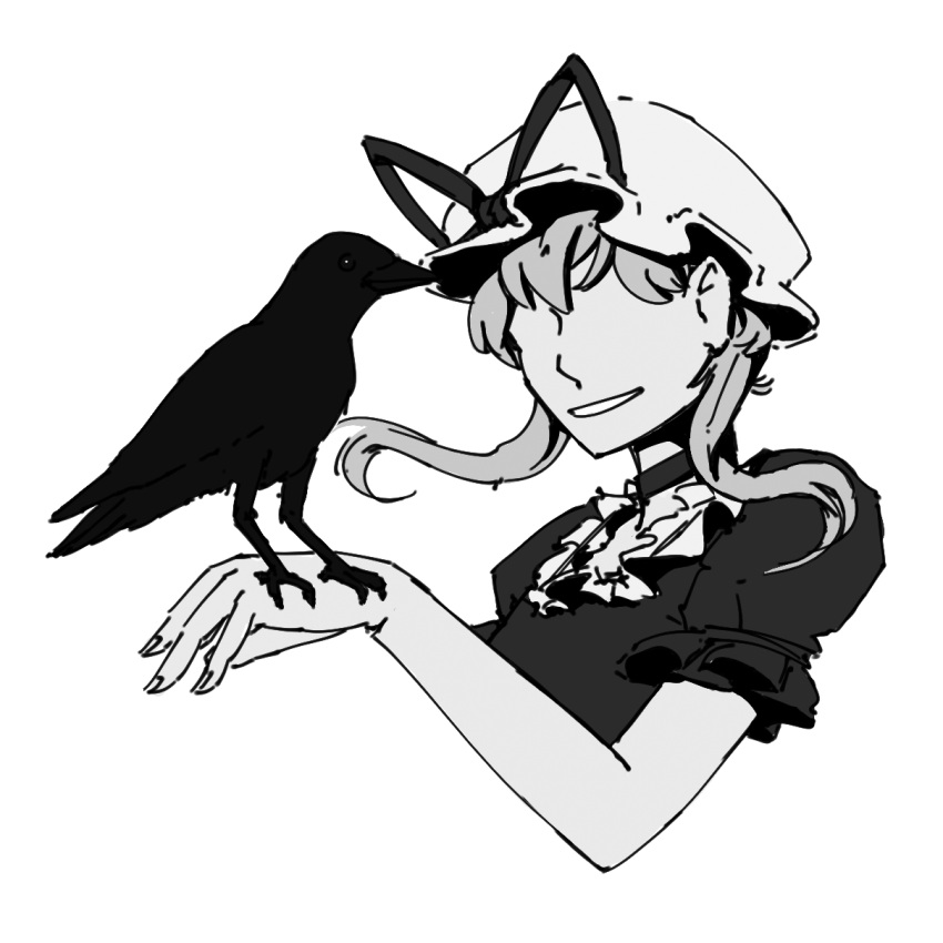 1girl, bangs, bird, crow, dress, ears, faceless, fingernails