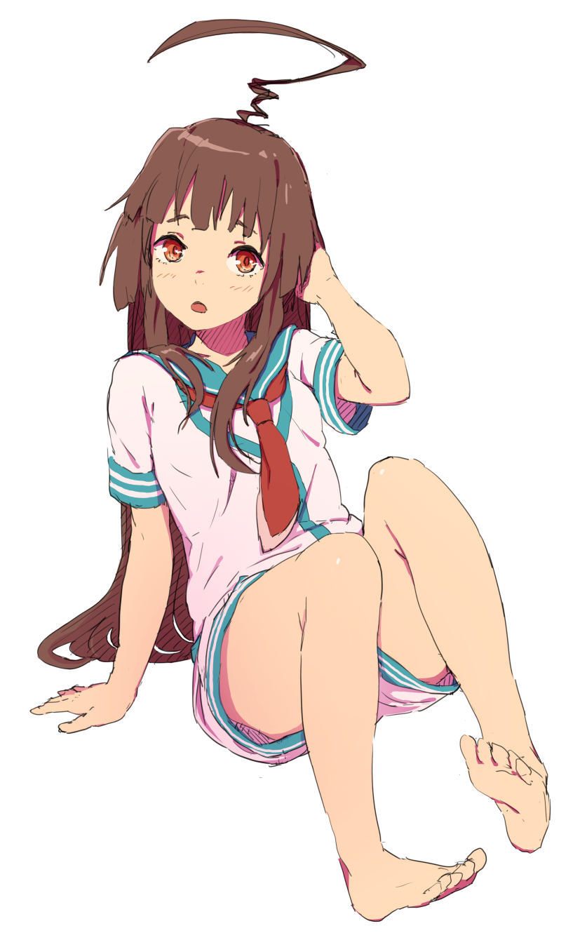 1girl, ahoge, arm_support, barefoot, brown_eyes, brown_hair, hand_on_own_head, highres, huge_ahoge, kantai_collection, kuma_(kantai_collection), long_hair, neckerchief, open_mouth, sailor_collar, school_uniform, serafuku, shorts, simple_background, sitting, solo, white_background, youmak