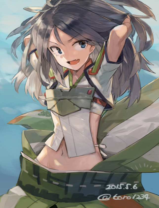 1girl, :d, black_hair, blue_eyes, fang, kantai_collection, katsuragi_(kantai_collection), long_hair