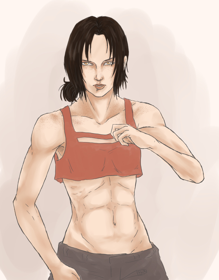 1girl, abs, absurdres, brown_hair, freckles, highres, looking_at_viewer, midriff