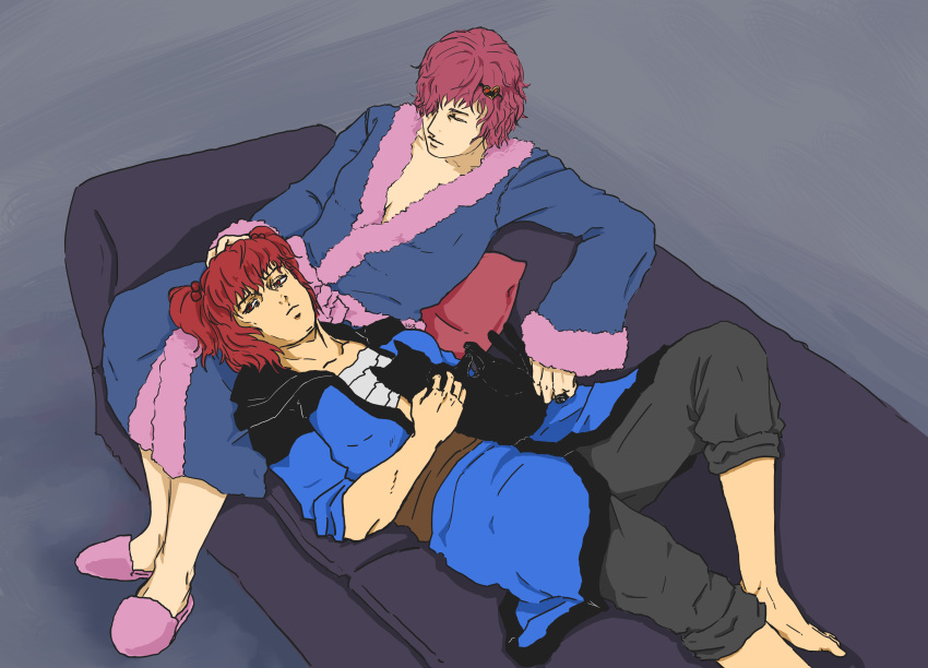 2girls, absurdres, barefoot, bathrobe, black_cat, cat, couch, hair_bobbles