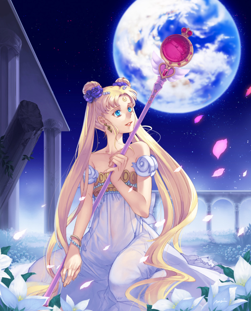 1girl, bishoujo_senshi_sailor_moon, blonde_hair, blue_eyes, crescent, cutie_moon_rod, double_bun, dress