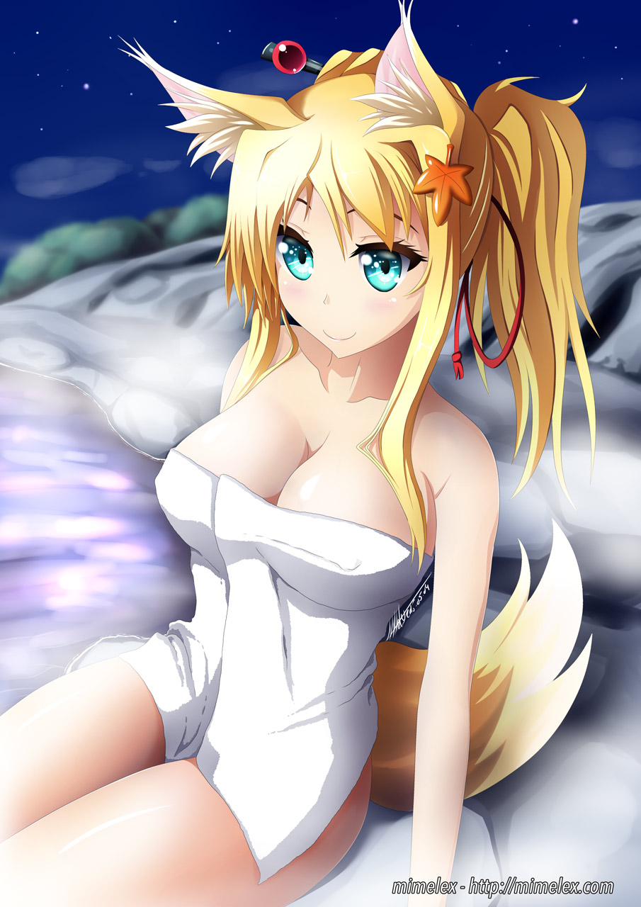 1girl, animal_ears, blonde_hair, blue_eyes, blush, breasts, cleavage, collarbone