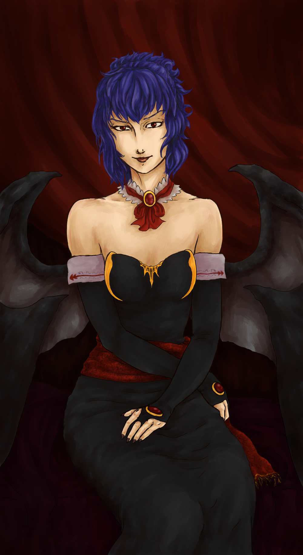 1girl, bare_shoulders, bat_wings, choker, elbow_gloves, fingerless_gloves, fingernails, gloves