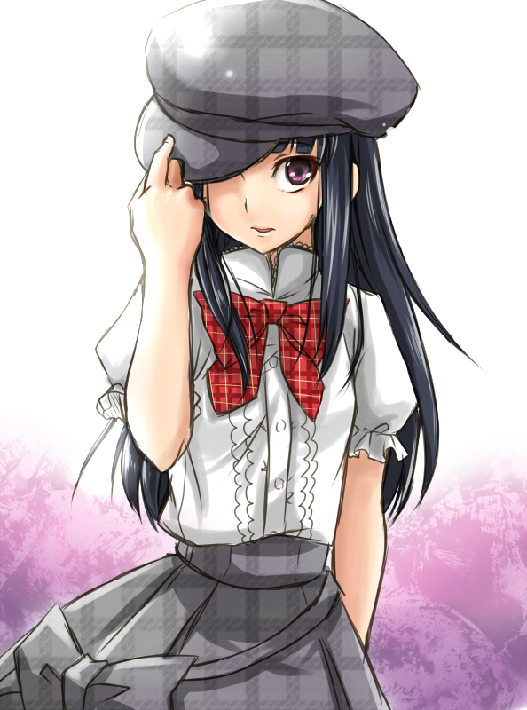 black_hair, cabbie_hat, hat, long_hair, pochi-goya, pochi_(pochi-goya), ribbon, urara