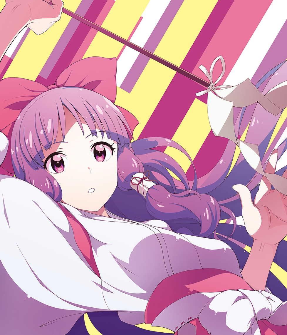 1girl, bow, hair_bow, hair_tubes, hakurei_reimu, hakurei_reimu_(pc-98), haraegushi, japanese_clothes, kabayaki_unagi, miko, purple_hair, solo, touhou, touhou_(pc-98), violet_eyes