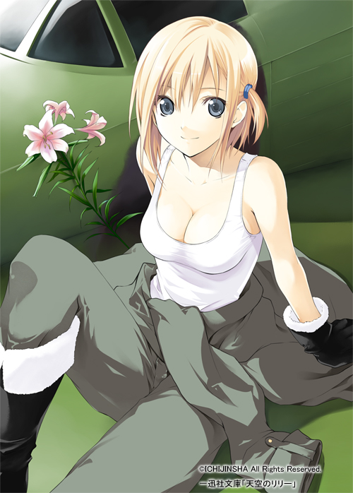 black_gloves, blonde_hair, blue_eyes, boots, breasts, car, cleavage, clothes_around_waist