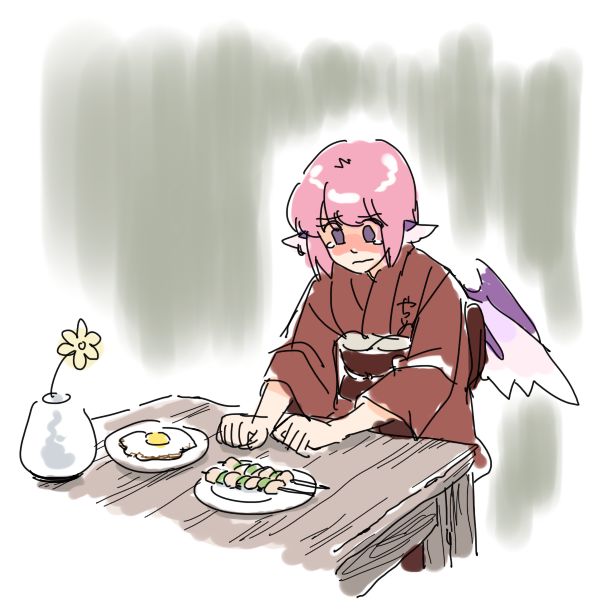 fine_art_parody, food, i_asked_for_scrambled, lonely, mitsumoto, mystia_lorelei, okamisty, parody, pink_hair, solo, tears, touhou, wings