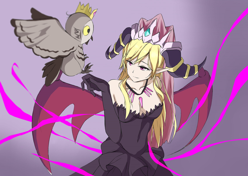 1girl, bare_shoulders, bird, bird_on_hand, black_dress, black_gloves, blonde_hair, blurry