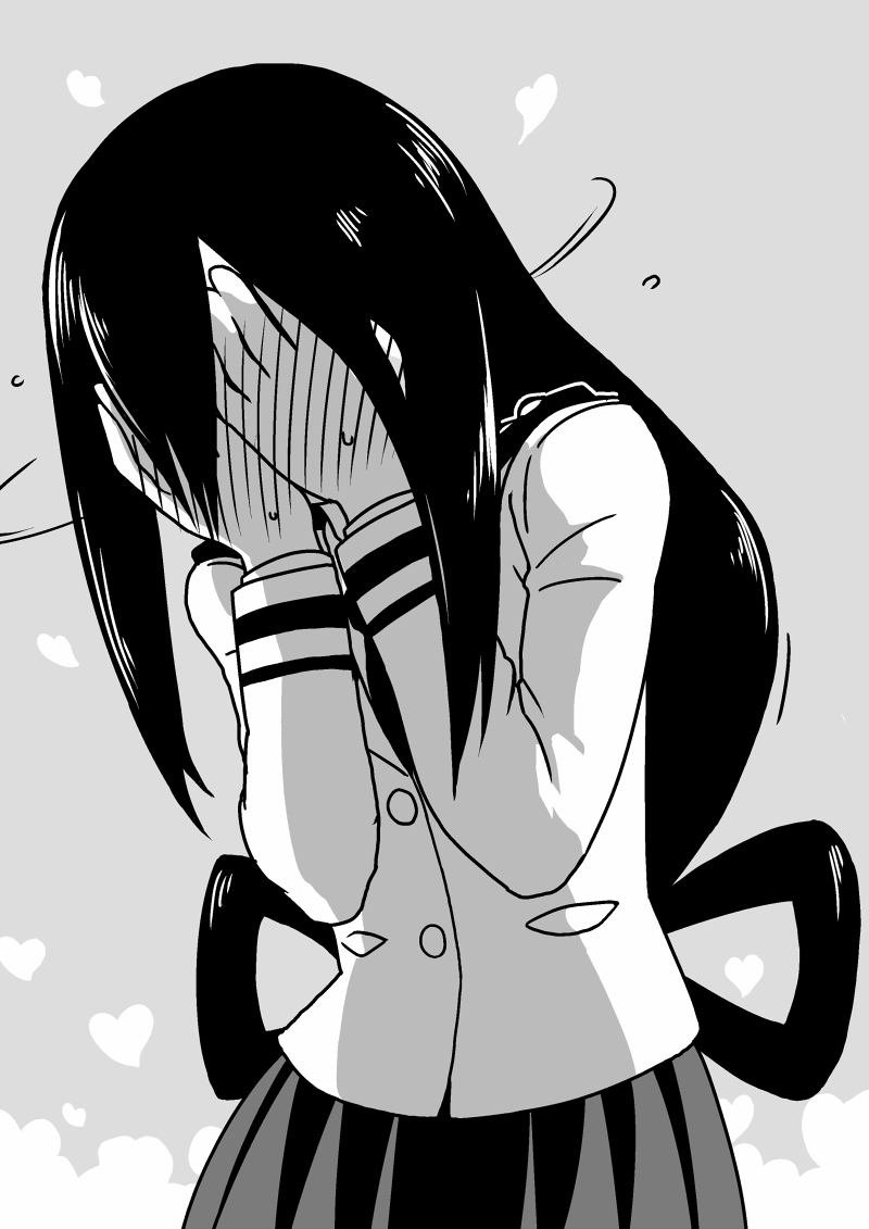 1girl, asui_tsuyu, blush, boku_no_hero_academia, covering_face, hair_rings, heart, long_hair