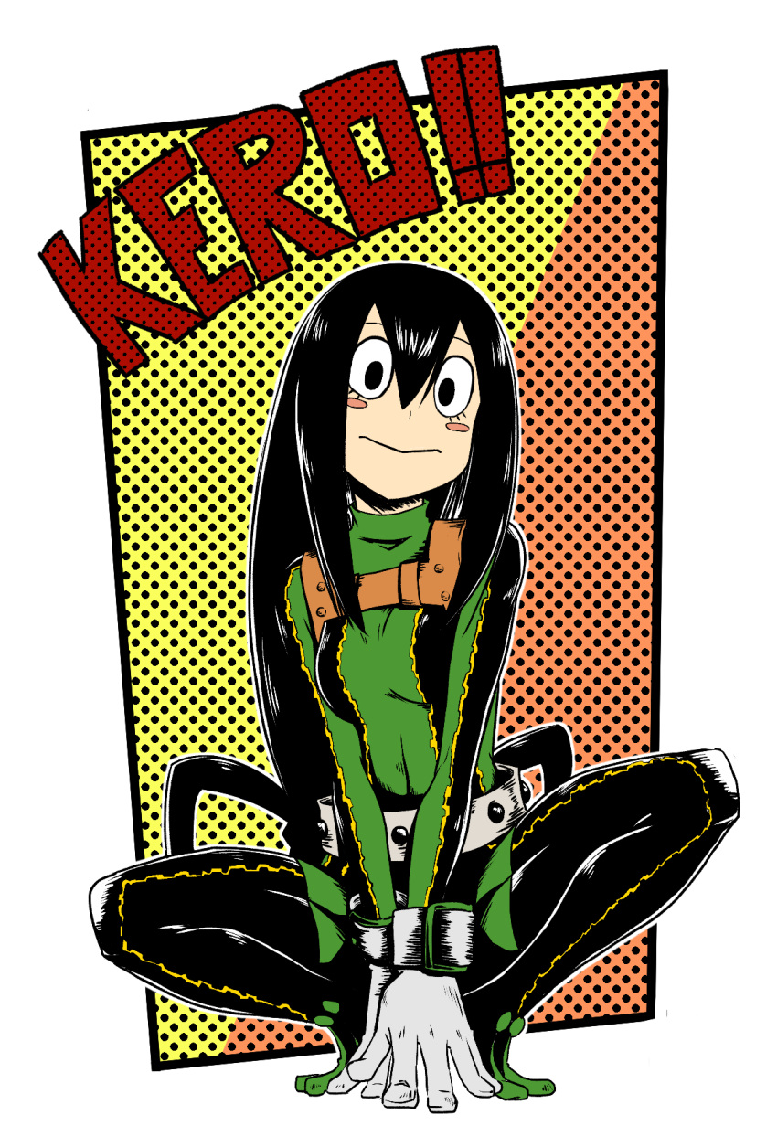 1girl, :>, asui_tsuyu, belt, black_eyes, black_hair, bodysuit, boku_no_hero_academia