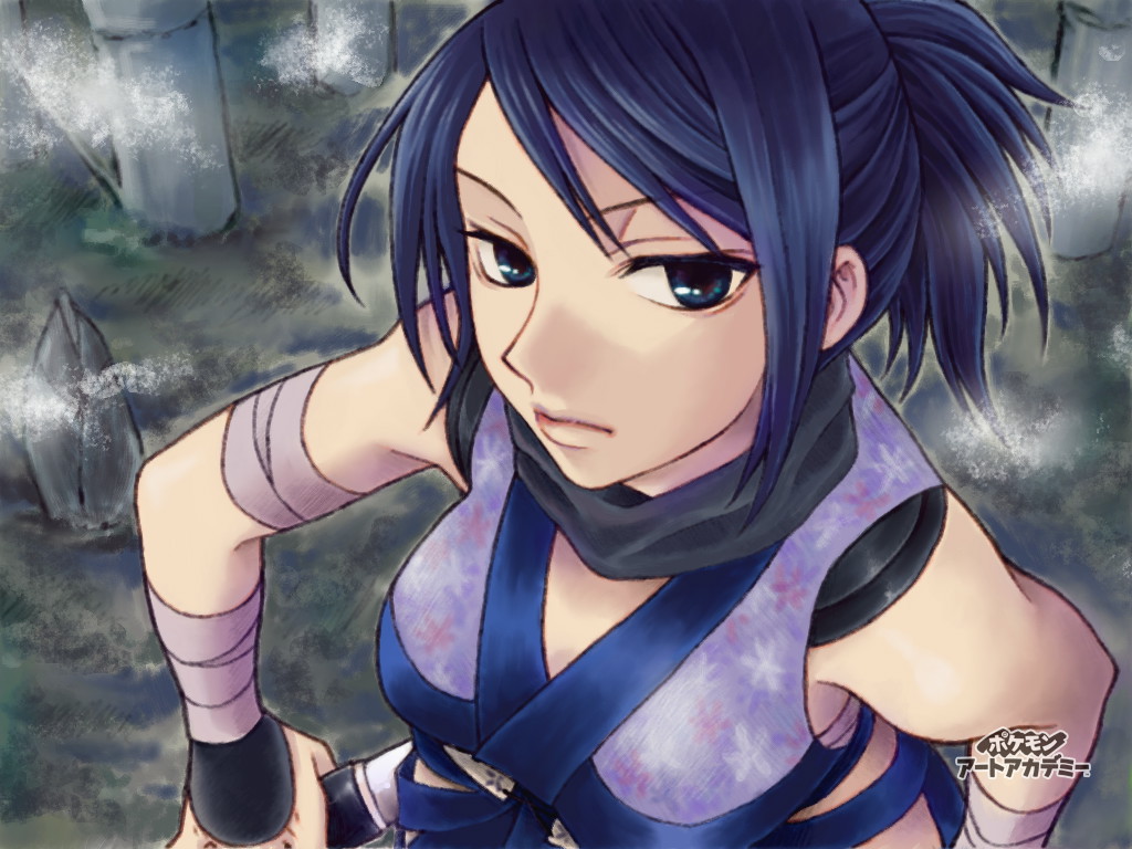1girl, artist_request, ayame_(tenchu), bamboo, bamboo_forest, bamboo_shoot, blue_eyes, blue_hair