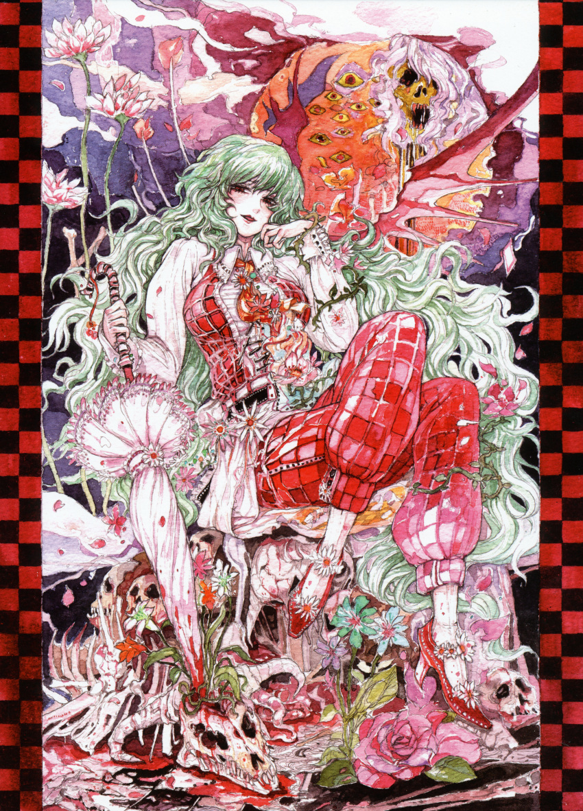 ascot, blood, breasts, chihiro_(kemonomichi), closed_umbrella, crossed_legs, flower, green_hair