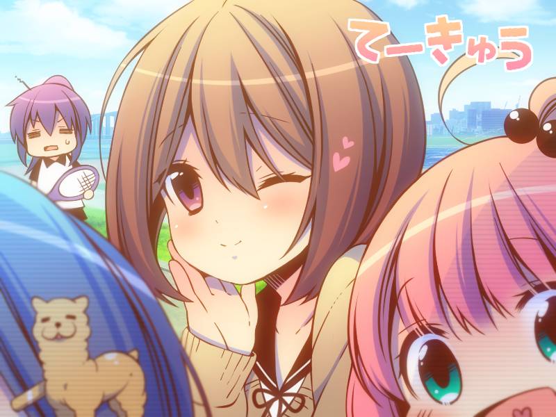 4girls, :d, ;), =_=, ahoge, alpaca, aqua_eyes, bandou_marimo