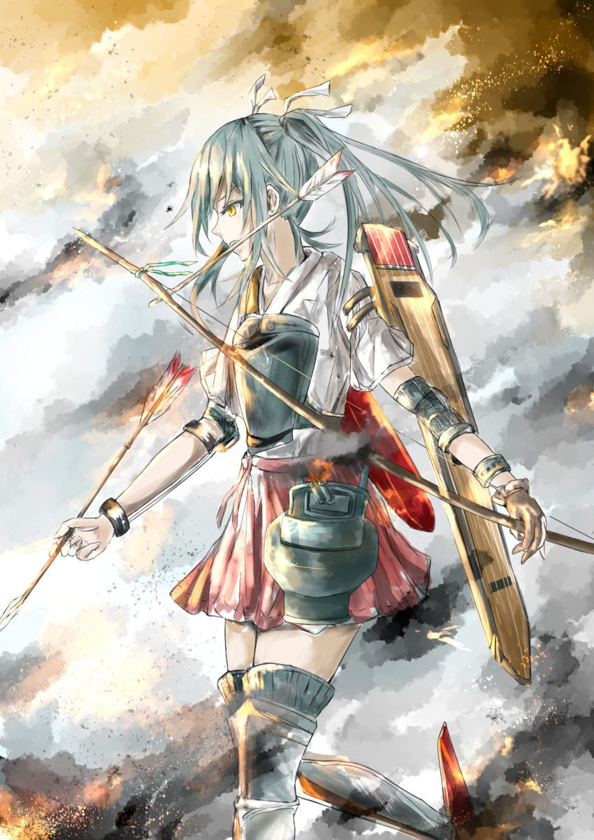 1girl, anore_(haurifier), arrow, arrow_in_mouth, bow_(weapon), from_side, green_hair, highres