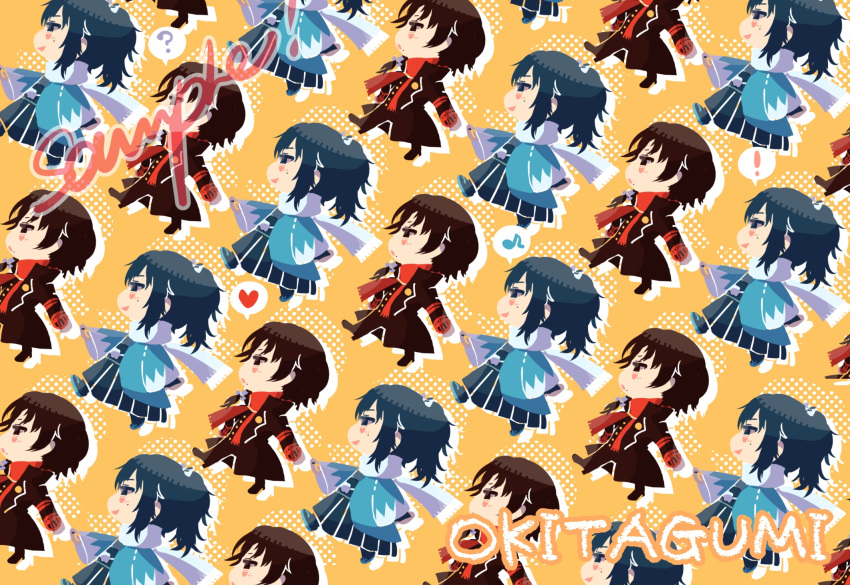 !, 2boys, ?, blue_hair, brown_hair, chibi, dutch_angle, hakama