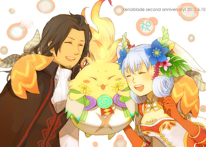 1boy, 1girl, beard, brown_hair, cape, dunban, facial_hair, flower, grey_hair, hair_flower, hair_ornament, head_wings, melia, poncotsu-scooter, riki_(xenoblade), silver_hair, xenoblade