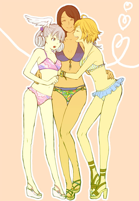 3girls, bikini, blonde_hair, brown_hair, carna, dark_skin, fiorun, grey_hair