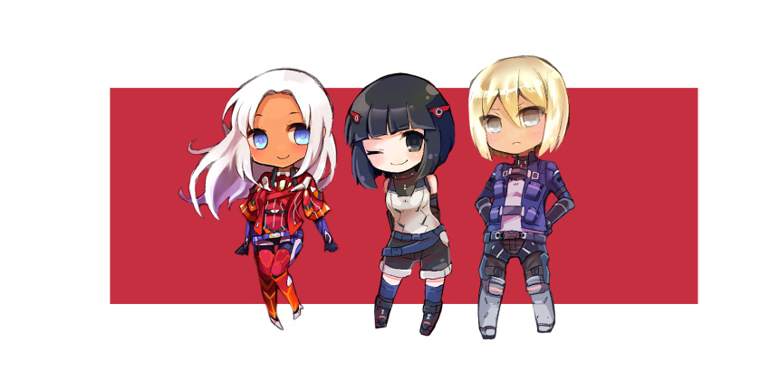 3girls, black_eyes, black_hair, blonde_hair, blue_eyes, chibi, elma_(xenoblade_x), grey_eyes