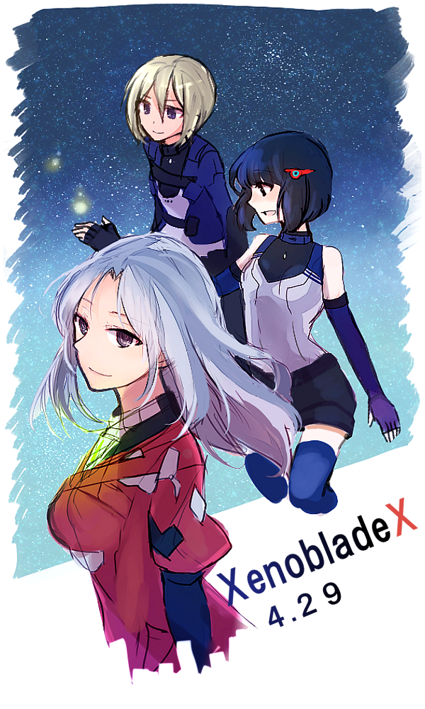 3girls, black_hair, blonde_hair, copyright_name, dated, elma_(xenoblade_x), irina_akulova, lynlee_kuu, multiple_girls, shino_haruto, white_hair, xenoblade_chronicles_x