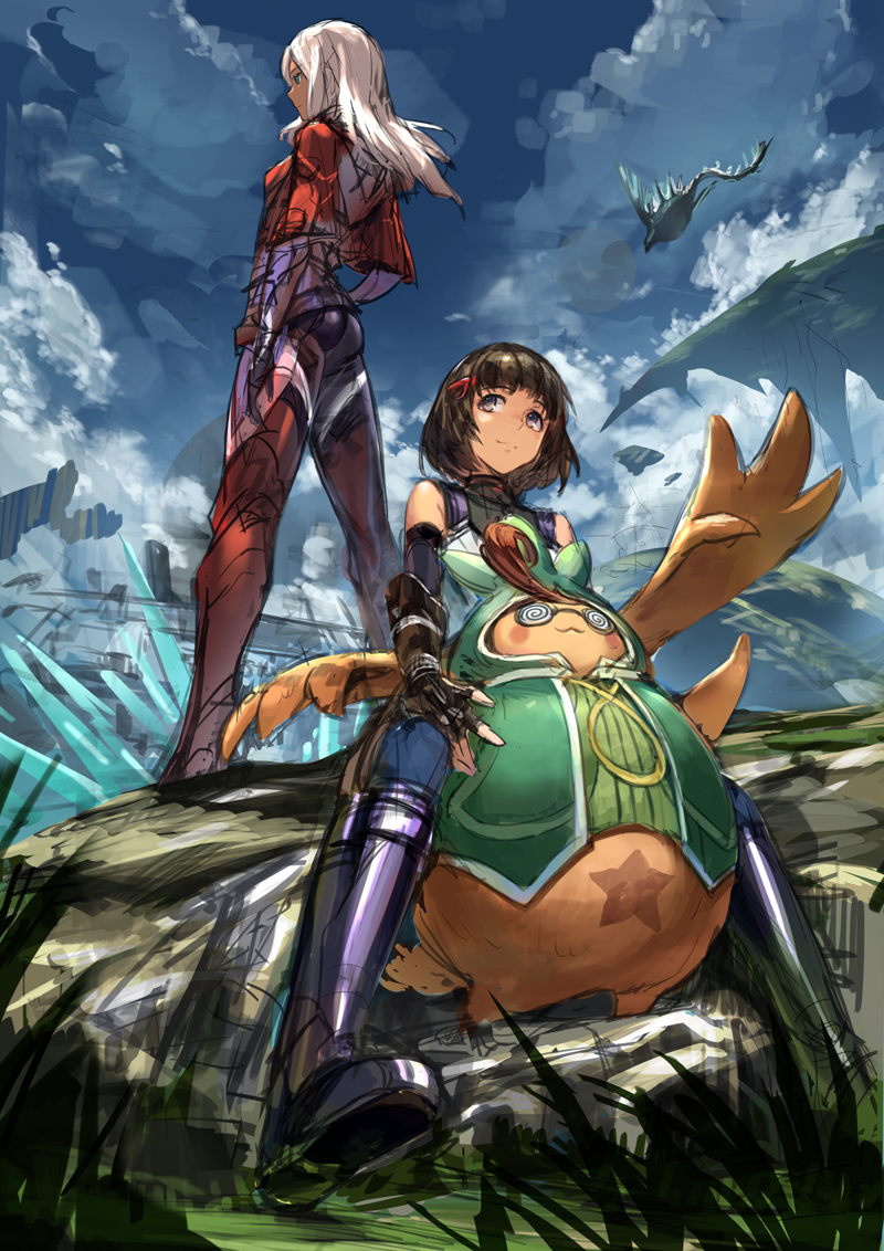 2girls, black_hair, boots, dark_skin, elma_(xenoblade_x), guchico, lynlee_kuu, multiple_girls, silver_hair, tatsu_(xenoblade_x), white_hair, xenoblade_chronicles_x