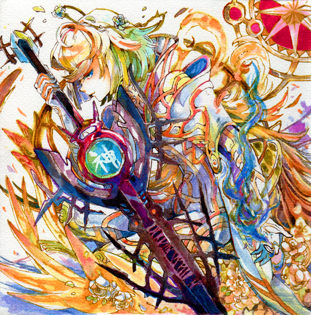 1boy, blonde_hair, mebu, monado, solo, spoilers, sword, traditional_media