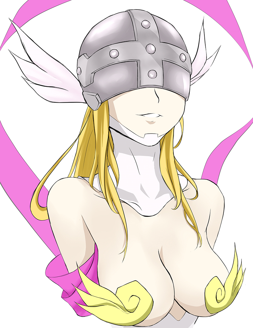 1girl, angewomon, bare_shoulders, blonde_hair, breasts, cleavage, danny1128, digimon
