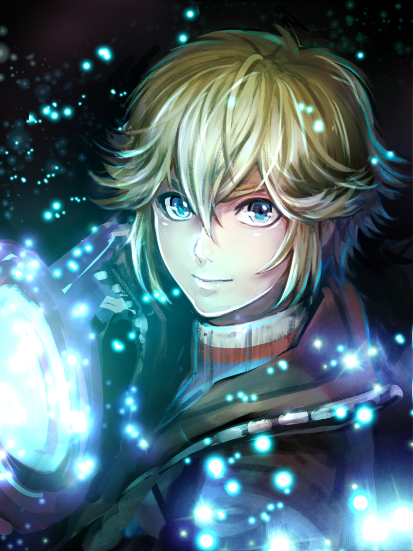 1boy, 9tt6, blonde_hair, blue_eyes, glowing, highres, monado, shulk