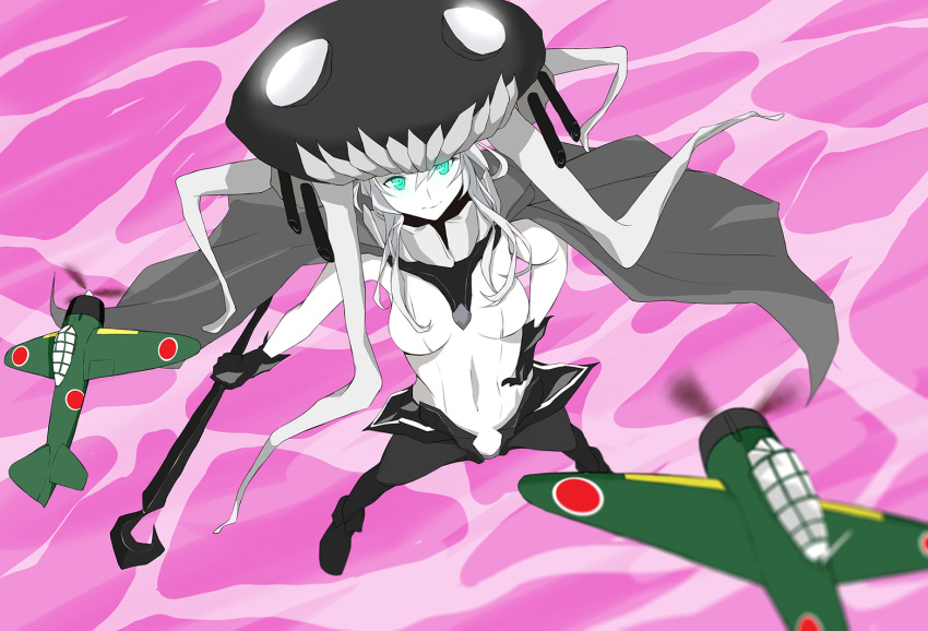 1girl, a6m_zero, airplane, black_gloves, black_legwear, boots, cannons, cape