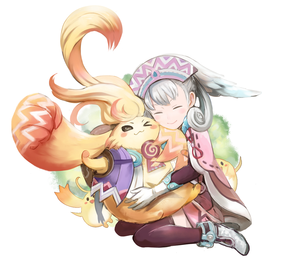 1girl, blue_eyes, gloves, hat, head_wings, hug, melia, mikami