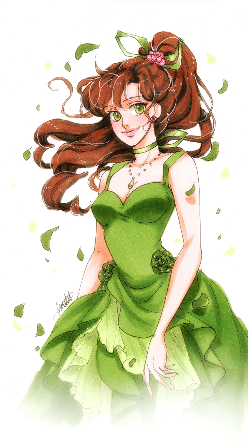 bishoujo_senshi_sailor_moon, brown_hair, dress, earrings, emily-fay, fading, flower, green_dress