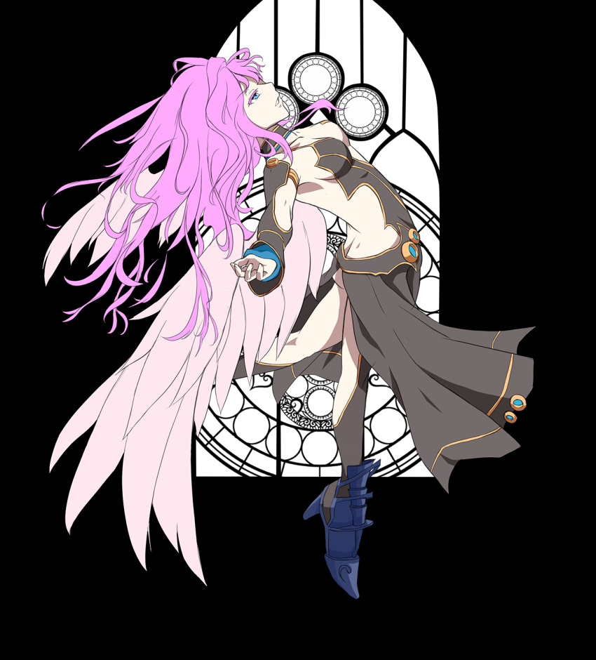 1girl, angel, angel_wings, archangel_metatron_(p&amp;d), arched_back, armored_boots, art_nouveau, black_legwear, blue_eyes, breasts, colored_eyelashes, danny1128, half-dress, highres, kneepits, legs, long_hair, messy_hair, outstretched_arms, pink_hair, pink_wings, puzzle_&amp;_dragons, sideboob, solo, spread_arms, very_long_hair, wings