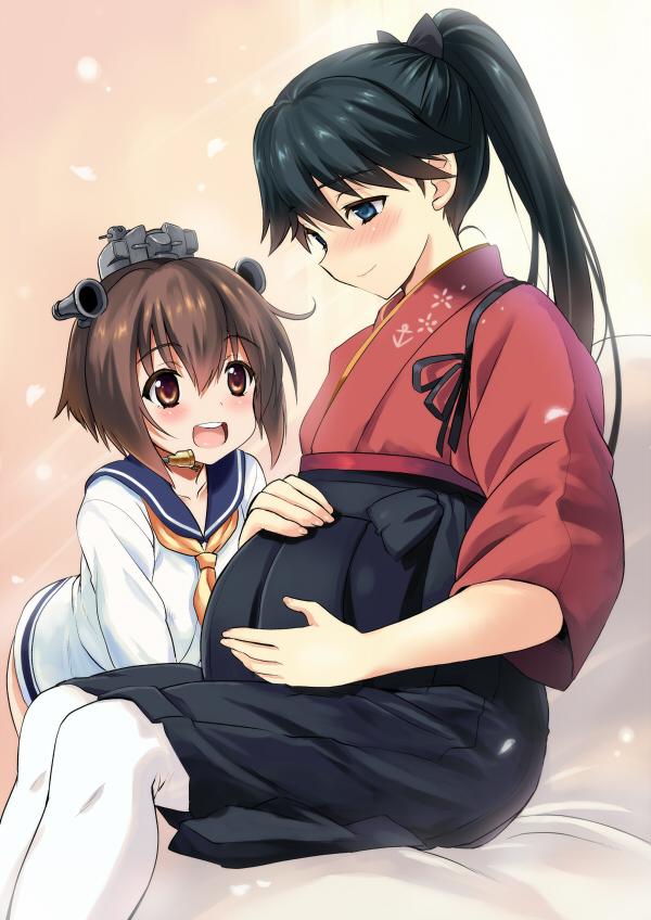 hakama, houshou_(kantai_collection), japanese_clothes, kantai_collection, kimono, kyougoku_shin, ponytail, pregnant