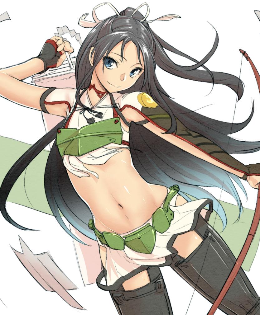 black_hair, bow_(weapon), kantai_collection, katsuragi_(kantai_collection), long_hair, midriff, navel, nujima