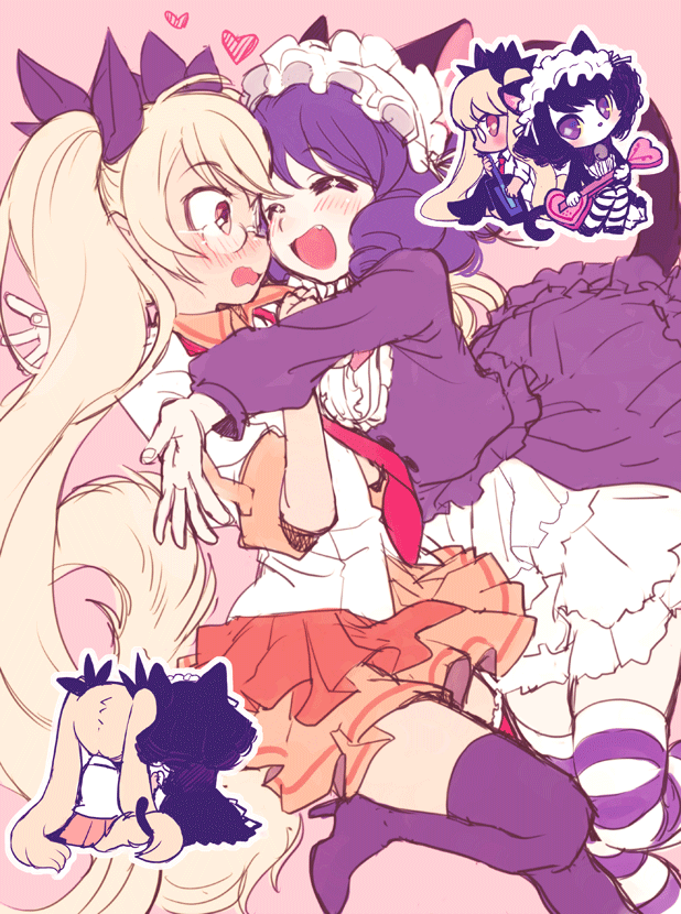 2girls, amezawa_koma, animal_ears, blonde_hair, blue_hair, blush, cat_ears, cat_tail, chibi_inset, closed_eyes, curly_hair, cyan_(show_by_rock!!), dog_tail, dress, frilled_dress, frills, glasses, guitar, hair_ornament, headband, heart, heart_guitar, high_heels, hug, instrument, long_hair, multiple_girls, necktie, open_mouth, retoree, short_hair, show_by_rock!!, skirt, smile, striped, striped_legwear, tail, thigh-highs, twintails, yuri