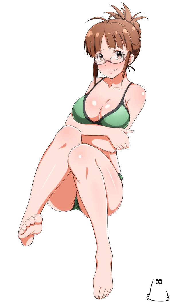 1girl, akizuki_ritsuko, antenna_hair, barefoot, bikini, blush, brown_eyes, brown_hair