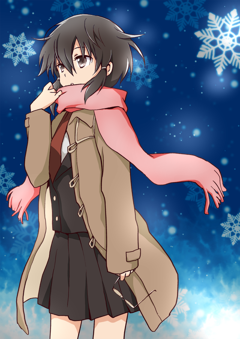 1girl, asada_shino, black_hair, brown_eyes, coat, minato_(marumira), no_glasses, scarf, short_hair, snowflakes, standing, sword_art_online