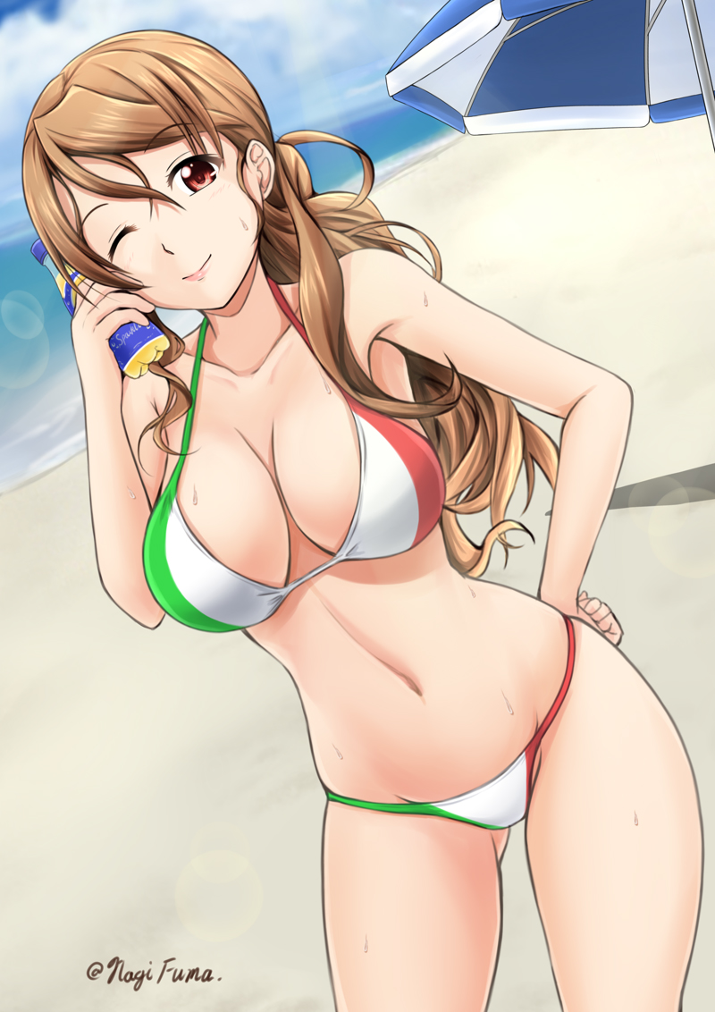 1girl, beach, beach_umbrella, bikini, bottle, breasts, brown_hair, cleavage